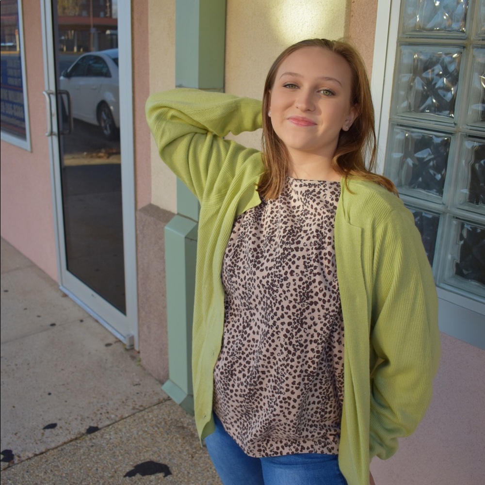 large green cardigan